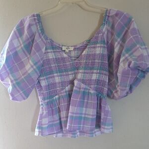 Elegant Purple Blouse with Lace Trim and Flowy Sleeves